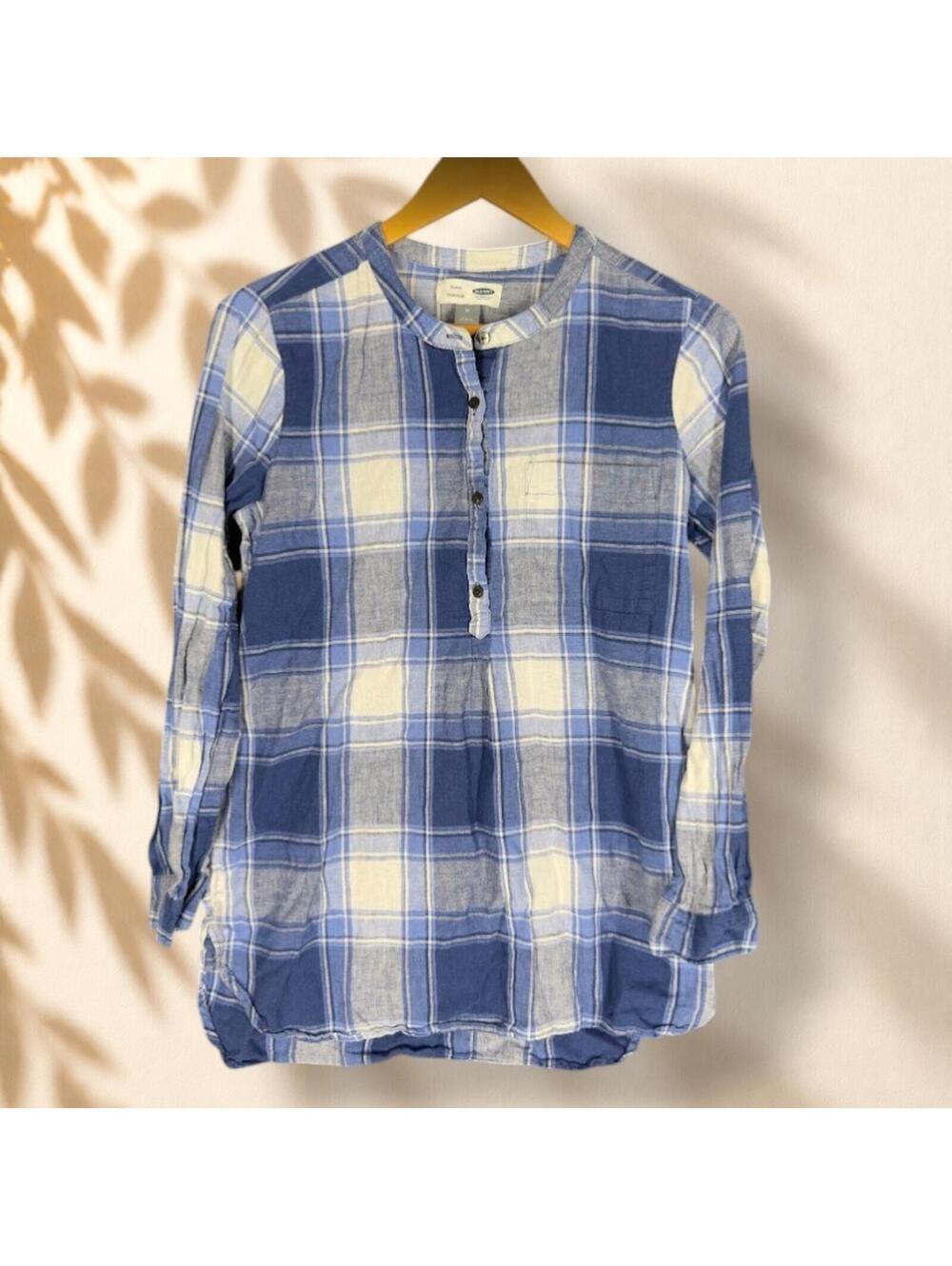 Old Navy Tunic Top Women M Medium Blue Plaid Button UP Linen Long Sleeve Pockets